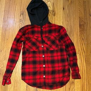 Women’s Red and Black H&M Flannel with black hoodie, Size 4